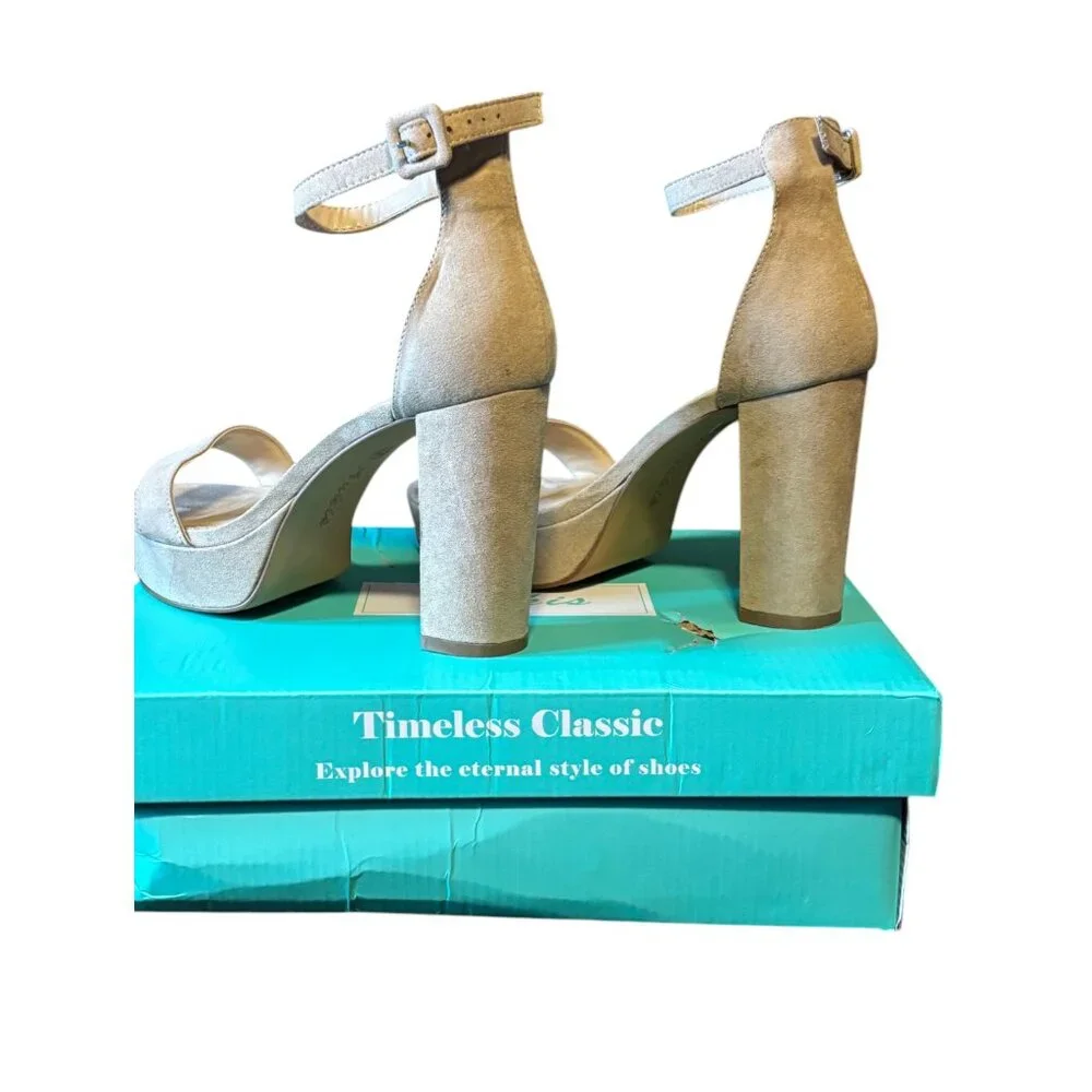 Ankis 4 Inches Chunky Platform heels Sandals Women Nude Suede sz 7‎